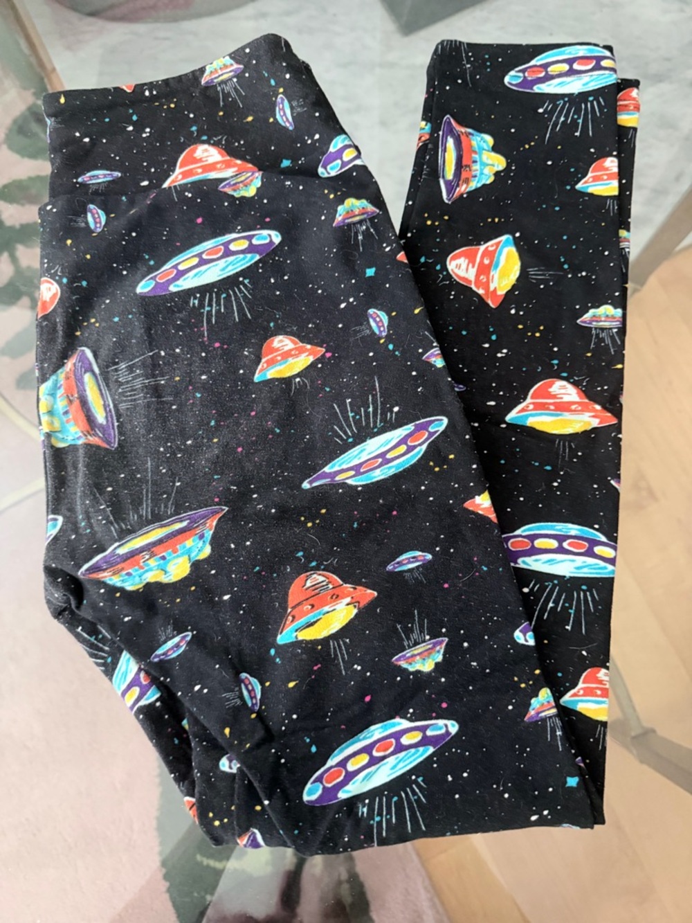 LuLaRoe Black Leggings with Colorful UFO Print
